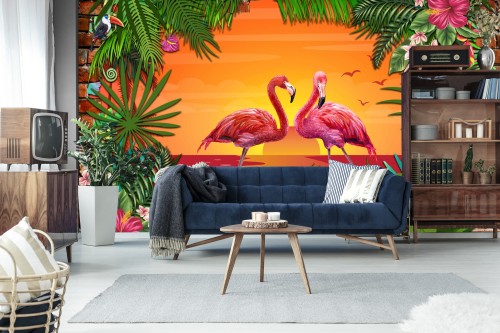 Fototapeta Flamingi Za Ceglaną Ścianą