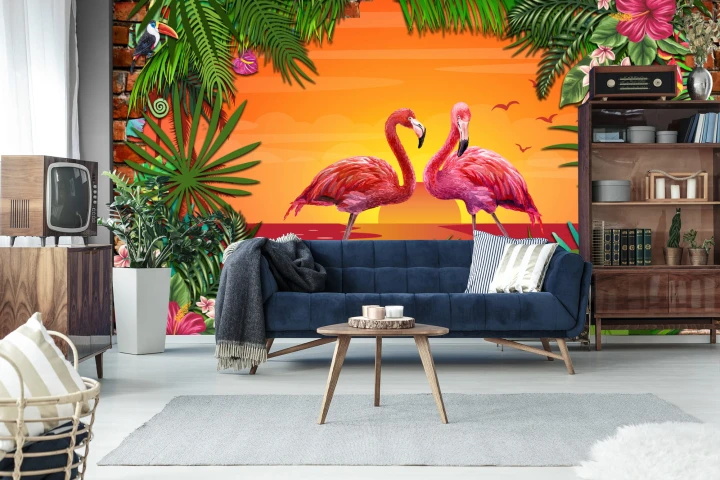 Fototapeta Flamingi Za Ceglaną Ścianą