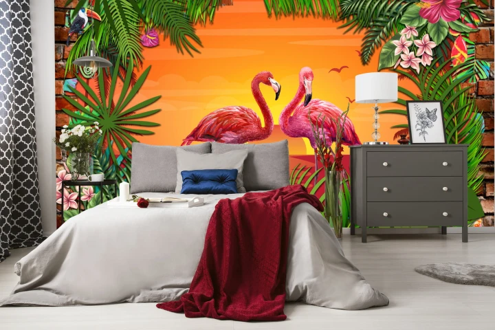 Fototapeta Flamingi Za Ceglaną Ścianą