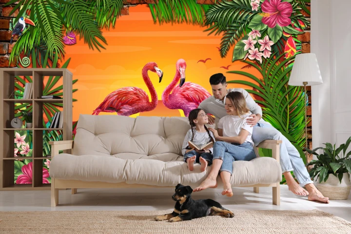 Fototapeta Flamingi Za Ceglaną Ścianą