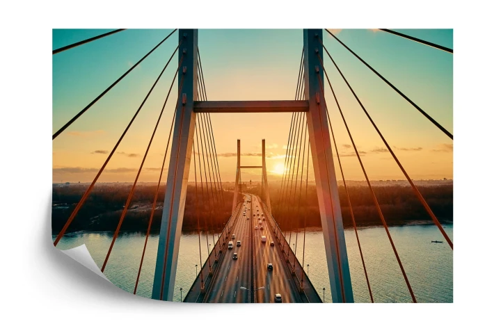 Fototapeta Beautiful Panoramic Aerial Drone View To Cable-Stayed Siekierkowski Bridge Over The Vistula River And Warsaw City Skyscrapers, Poland In Gold Red Autumn Colors In November Evening At Sunset