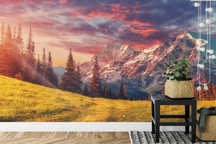Fototapeta Awesome Alpine Highlands In Sunny Day. Scenic Image Of Fairy-Tale Landscape With Colorful Sky Under Sunlit, Over The Majestic Rock Mountains. Wild Area. Megical Natural Background. Creative Image