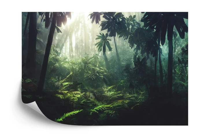 Fototapeta Dark Rainforest, Sun Rays Through The Trees, Rich Jungle Greenery. Atmospheric Fantasy Forest. 3D