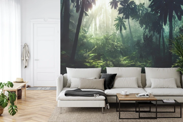 Fototapeta Dark Rainforest, Sun Rays Through The Trees, Rich Jungle Greenery. Atmospheric Fantasy Forest. 3D