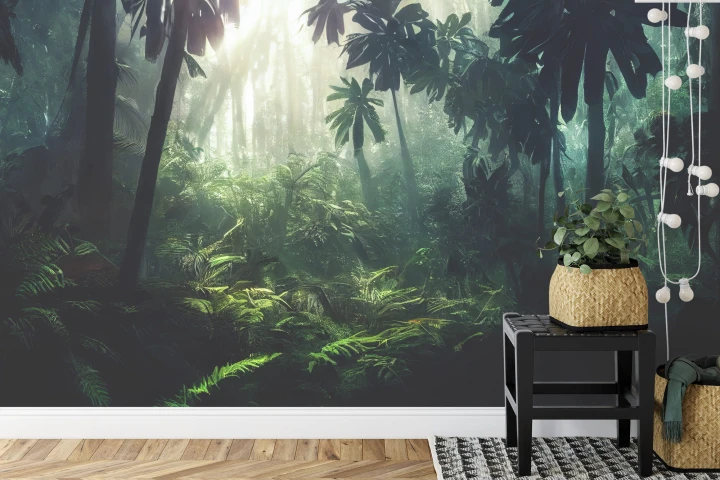 Fototapeta Dark Rainforest, Sun Rays Through The Trees, Rich Jungle Greenery. Atmospheric Fantasy Forest. 3D