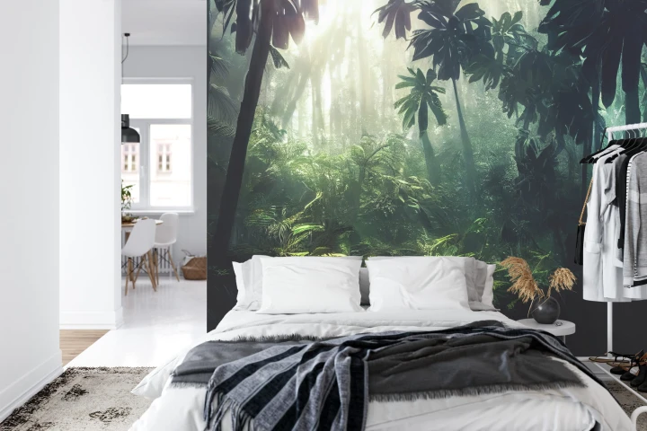 Fototapeta Dark Rainforest, Sun Rays Through The Trees, Rich Jungle Greenery. Atmospheric Fantasy Forest. 3D
