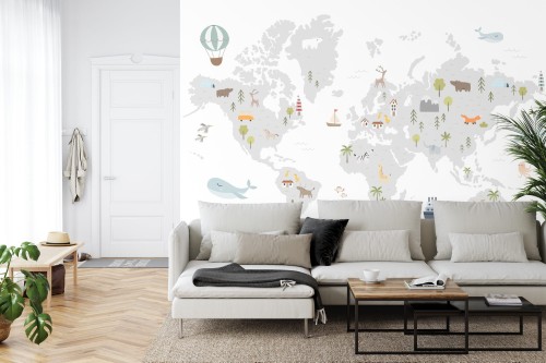 Fototapeta World Map With Cute Animals In Cartoon Style. Map For Nursery, Kids Room With Nature, Animals, Transports. Skandi