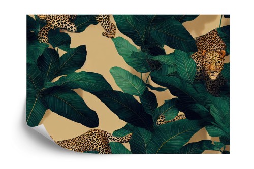 Fototapeta Seamless Tropical Pattern With Exotic Trees, Leopards, And Palm Leaves. Abstract Jungle Pattern With Leopards, Digital