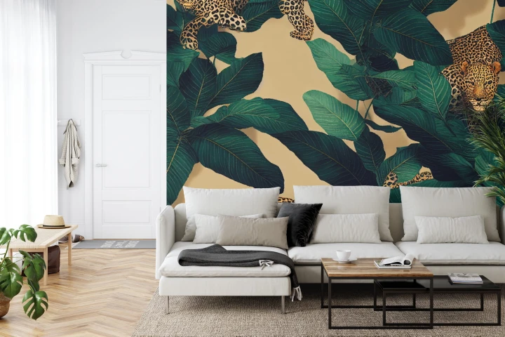 Fototapeta Seamless Tropical Pattern With Exotic Trees, Leopards, And Palm Leaves. Abstract Jungle Pattern With Leopards, Digital