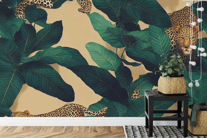 Fototapeta Seamless Tropical Pattern With Exotic Trees, Leopards, And Palm Leaves. Abstract Jungle Pattern With Leopards, Digital
