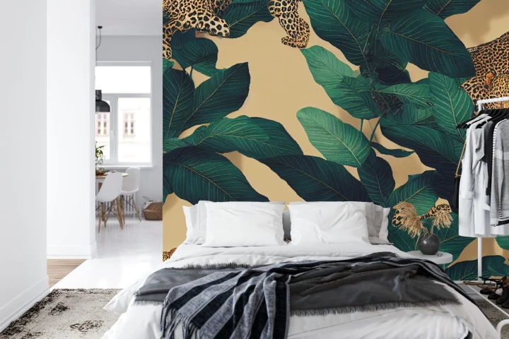 Fototapeta Seamless Tropical Pattern With Exotic Trees, Leopards, And Palm Leaves. Abstract Jungle Pattern With Leopards, Digital