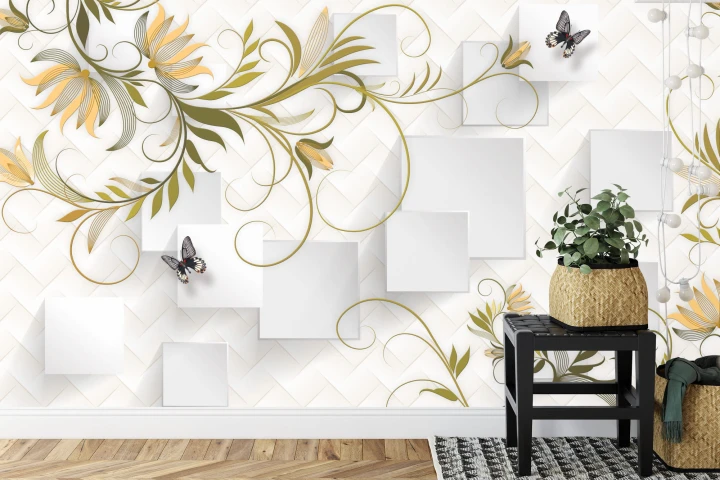 Fototapeta Abstract Floral And Butterfly Background With Frame For 3D Living Room Bedroom Tv 3D Wallpaper Home Decoration Mural Wallpaper For Walls