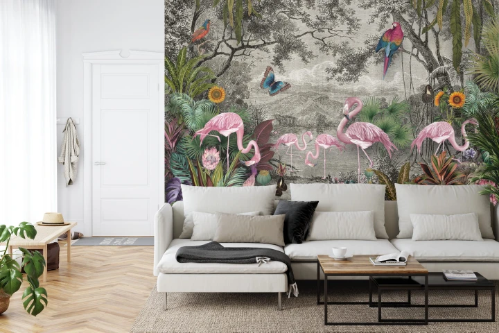 Fototapeta Wallpaper Jungle And Tropical Forest Banana Palm And Tropical Birds, Old Drawing