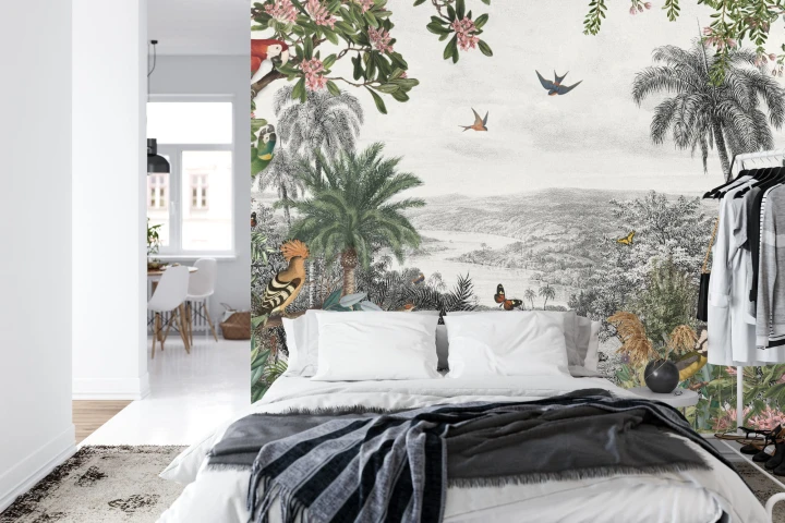 Fototapeta Tropical Jungle Wallpaper Palm Trees, Birds And Parrot In The River Land With Flying Butterflies