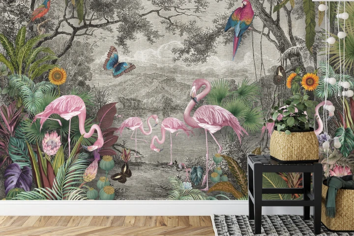 Fototapeta Wallpaper Jungle And Tropical Forest Banana Palm And Tropical Birds, Old Drawing