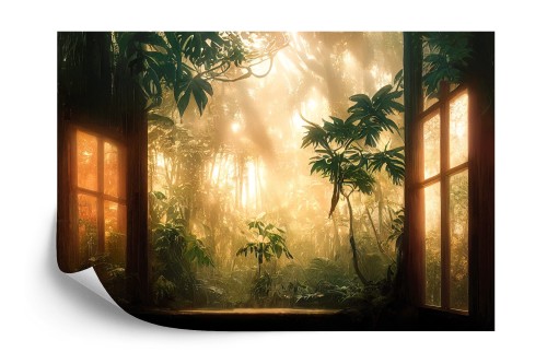 Fototapeta A Large Arch-Shaped Window, A Portal In The Dark Mystical Forest, The Sun's Rays Pass Through The Window And Trees, Shadows. Fantasy Beautiful Forest Fantasy Landscape. 3D