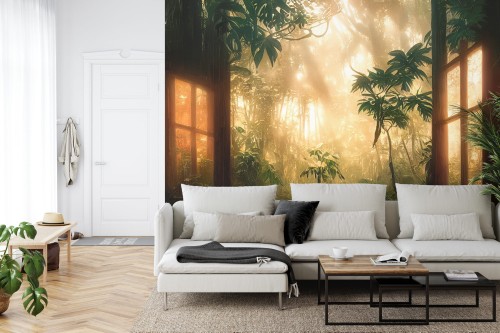 Fototapeta A Large Arch-Shaped Window, A Portal In The Dark Mystical Forest, The Sun's Rays Pass Through The Window And Trees, Shadows. Fantasy Beautiful Forest Fantasy Landscape. 3D