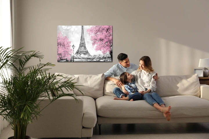 Obraz Na Płótnie Wieża Eiffla Między Kwitnącymi Drzewami