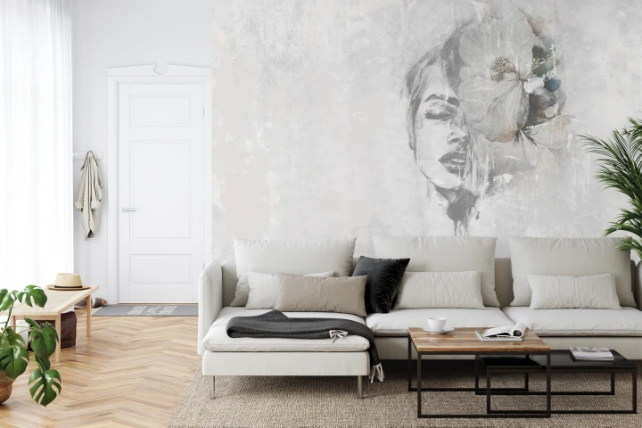 Fototapeta Spectacular Watercolor Woman Face With White Flower. Digital Art