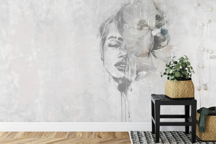 Fototapeta Spectacular Watercolor Woman Face With White Flower. Digital Art