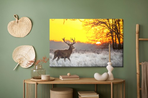 Obraz Na Płótnie Jeleń Na Tle Wschodzącego Słońca