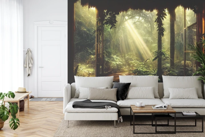 Fototapeta A Large Arch-Shaped Window, A Portal In The Dark Mystical Forest, The Sun's Rays Pass Through The Window And Trees, Shadows. Fantasy Beautiful Forest Fantasy Landscape. 3D