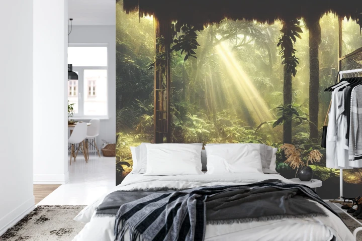 Fototapeta A Large Arch-Shaped Window, A Portal In The Dark Mystical Forest, The Sun's Rays Pass Through The Window And Trees, Shadows. Fantasy Beautiful Forest Fantasy Landscape. 3D
