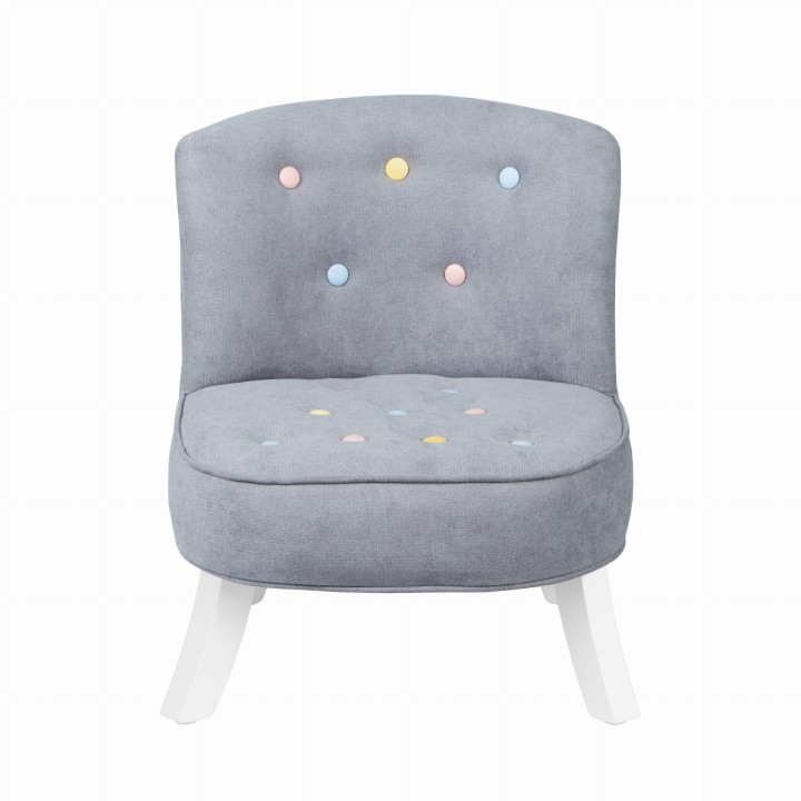 szary fotel dziecięcy z kolorowymi guziczkami