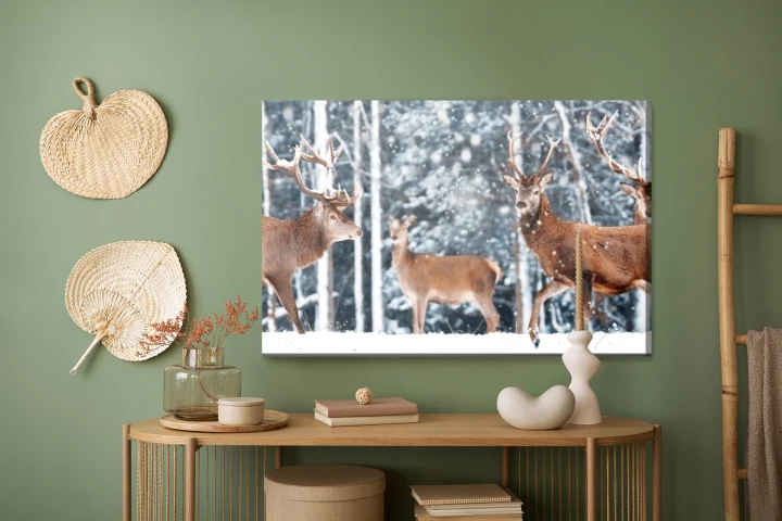 Obraz Na Płótnie Stado Jeleni W Zimowym Lesie