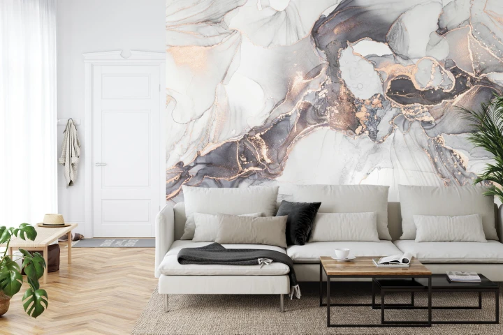 Fototapeta Luxury Abstract Fluid Art Painting In Alcohol Ink Technique, Mixture Of Black, Gray And Gold Paints. Imitation Of Marble Stone Cut, Glowing Golden Veins. Tender And Dreamy Design.