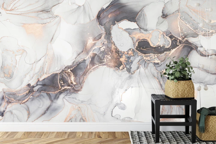 Fototapeta Luxury Abstract Fluid Art Painting In Alcohol Ink Technique, Mixture Of Black, Gray And Gold Paints. Imitation Of Marble Stone Cut, Glowing Golden Veins. Tender And Dreamy Design.