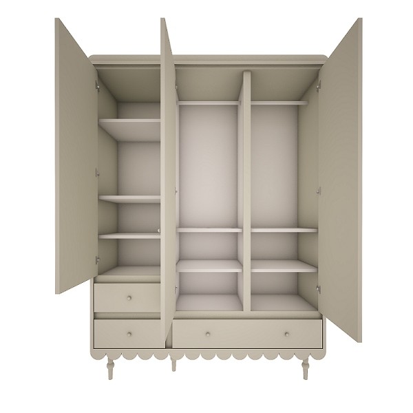 Wnętrze szafy Babushka oliwka z półkami i drążkami