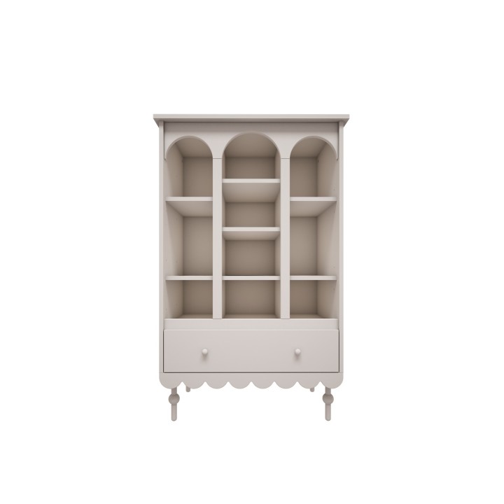 Front białego regału Babushka z łukowymi wnękami