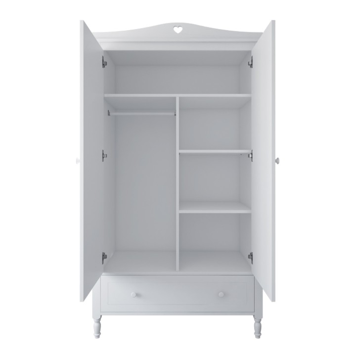 Wnętrze szafy Bella z półkami, drążkiem i szufladą