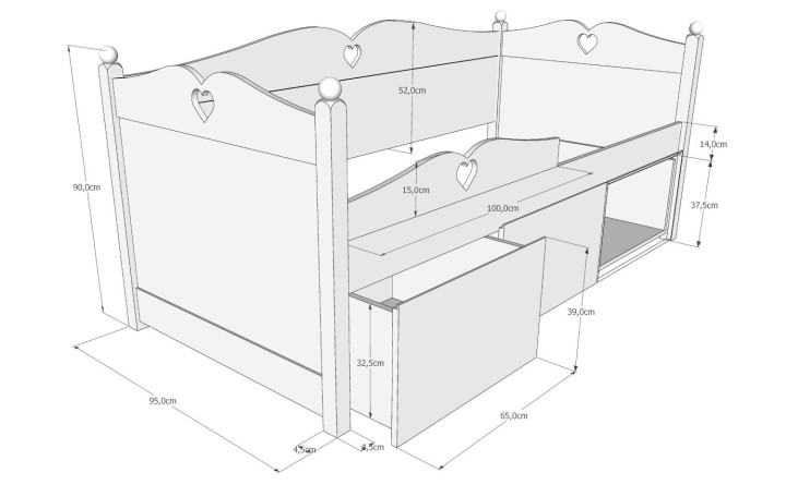Rysunek wymiarów łóżka z szufladami Bella 90x200