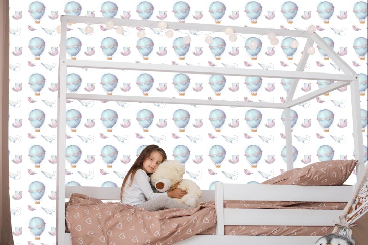 Tapeta W Balony, Chmury, Ptaki, Do Pokoju Dziecka