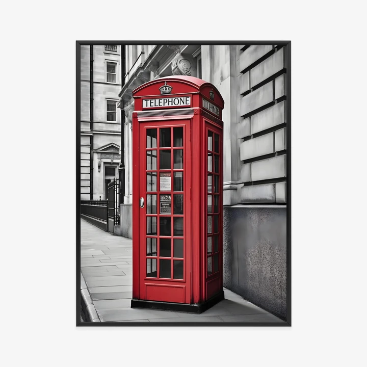 Plakat Czerwona Budka Telefoniczna Na Czarno Białej Ulicy