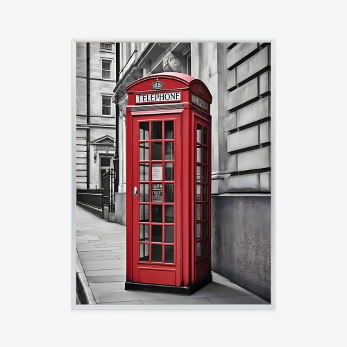 Plakat Czerwona Budka Telefoniczna Na Czarno Białej Ulicy
