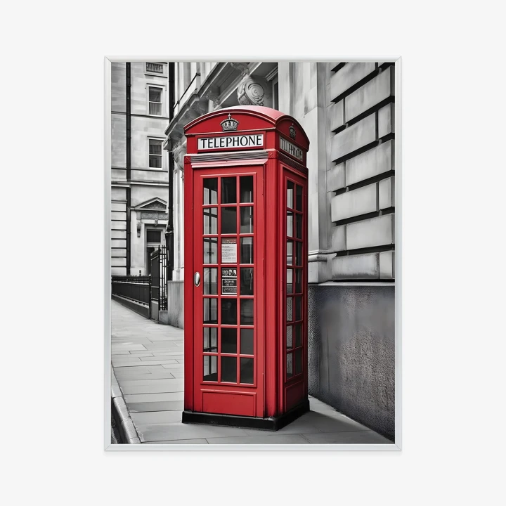 Plakat Czerwona Budka Telefoniczna Na Czarno Białej Ulicy