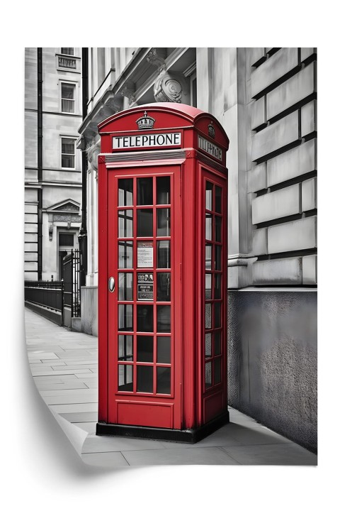 Plakat Czerwona Budka Telefoniczna Na Czarno Białej Ulicy