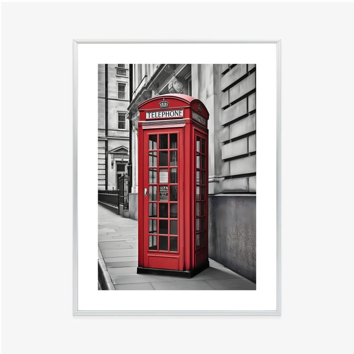 Plakat Czerwona Budka Telefoniczna Na Czarno Białej Ulicy