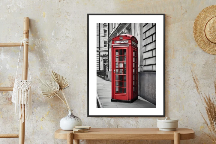 Plakat Czerwona Budka Telefoniczna Na Czarno Białej Ulicy