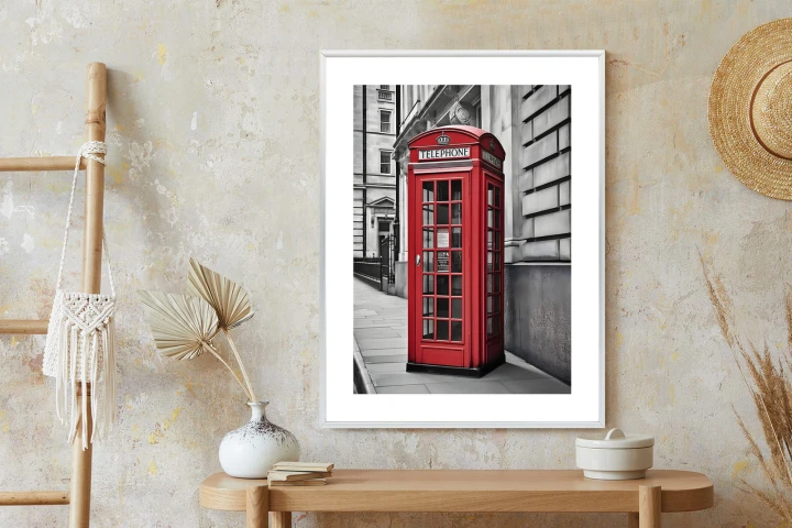 Plakat Czerwona Budka Telefoniczna Na Czarno Białej Ulicy