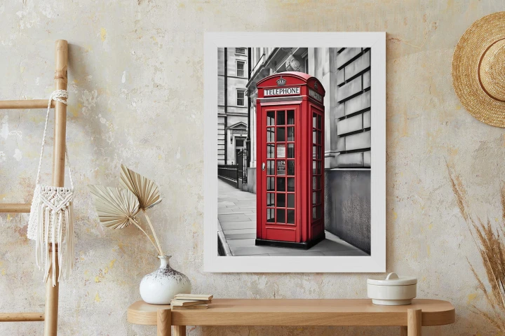 Plakat Czerwona Budka Telefoniczna Na Czarno Białej Ulicy