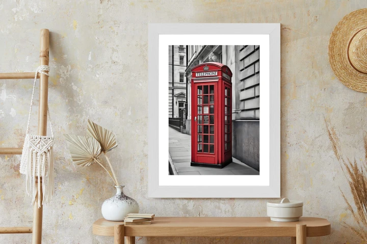 Plakat Czerwona Budka Telefoniczna Na Czarno Białej Ulicy