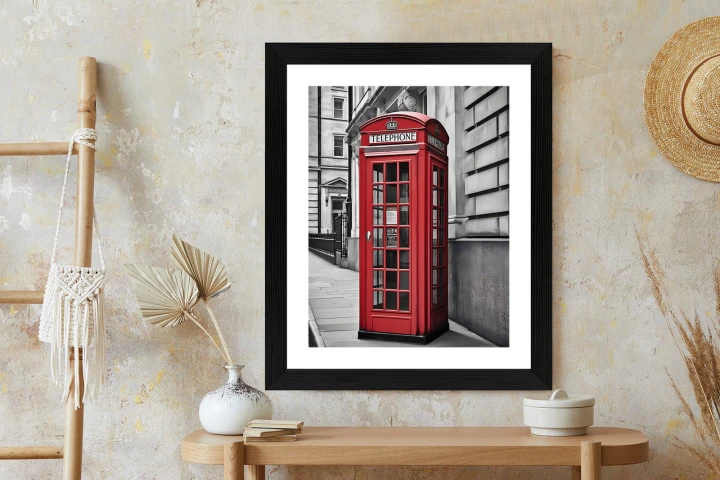 Plakat Czerwona Budka Telefoniczna Na Czarno Białej Ulicy