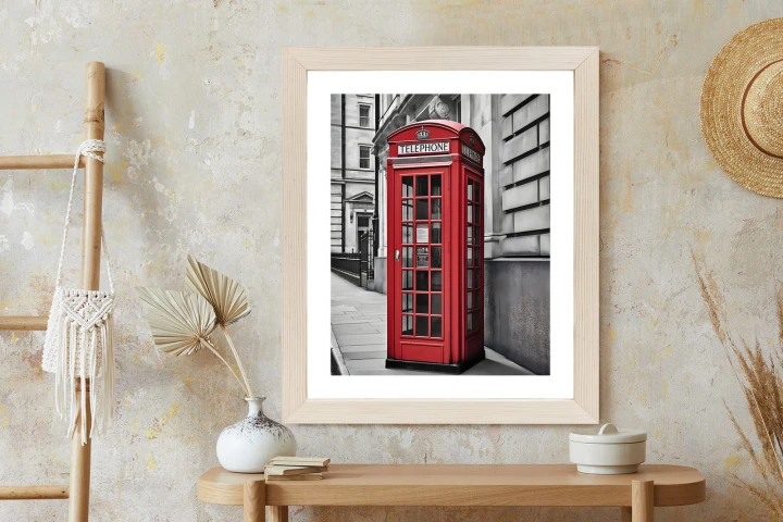 Plakat Czerwona Budka Telefoniczna Na Czarno Białej Ulicy
