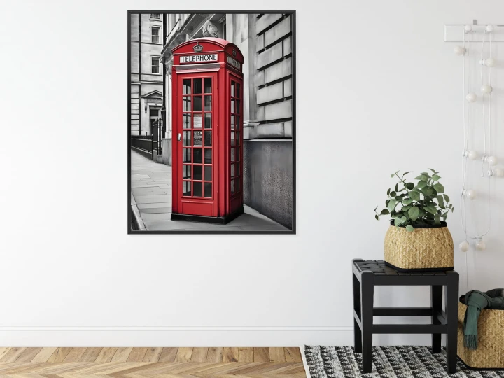 Plakat Czerwona Budka Telefoniczna Na Czarno Białej Ulicy