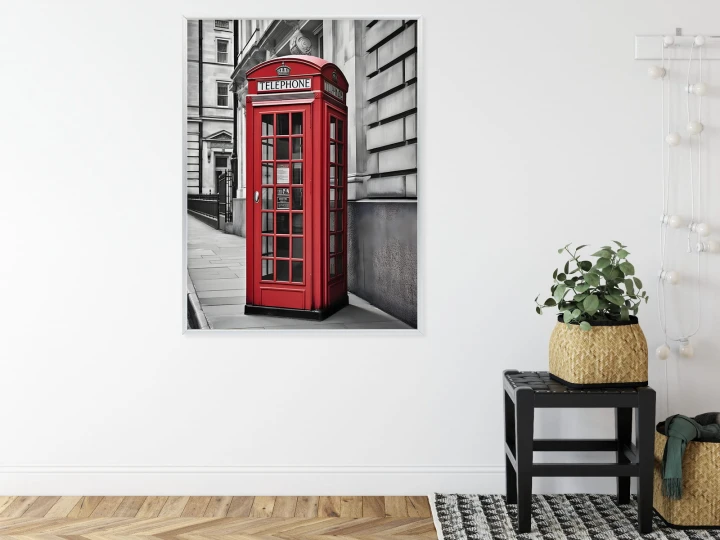 Plakat Czerwona Budka Telefoniczna Na Czarno Białej Ulicy
