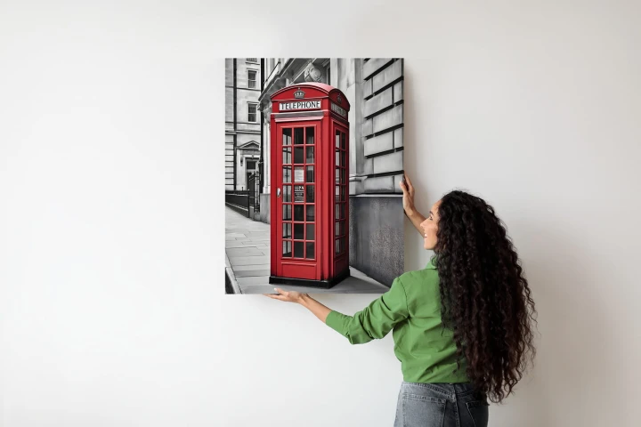 Plakat Czerwona Budka Telefoniczna Na Czarno Białej Ulicy